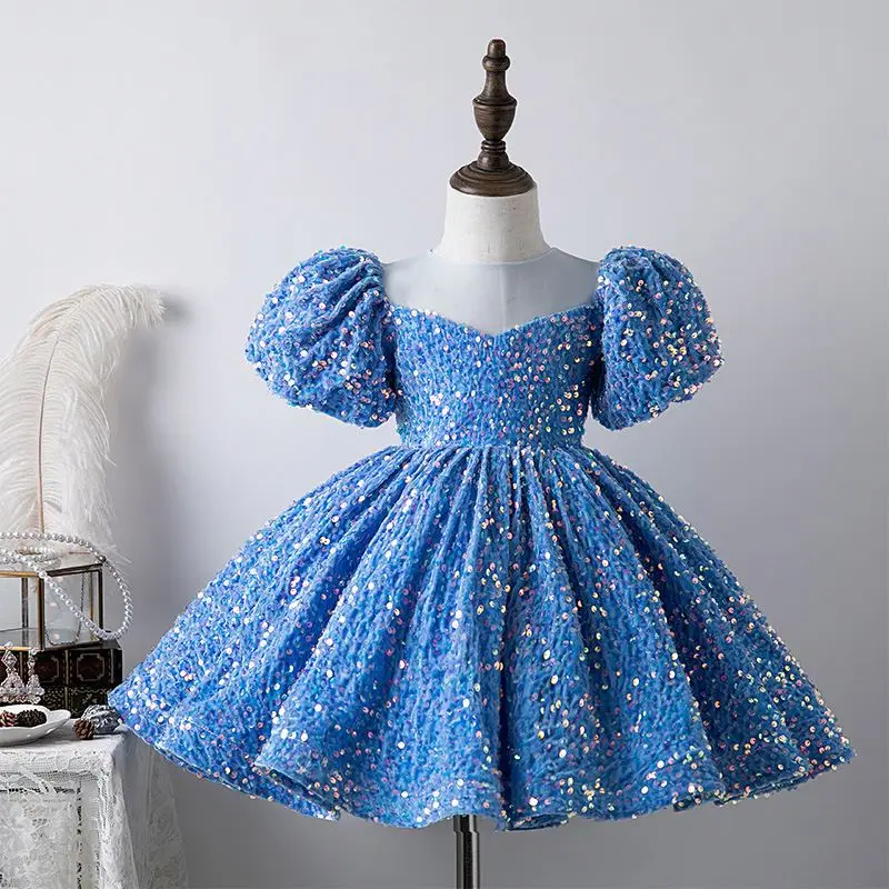 Children Blue Sequin Dress Girl Princess Host Piano Performance Dress