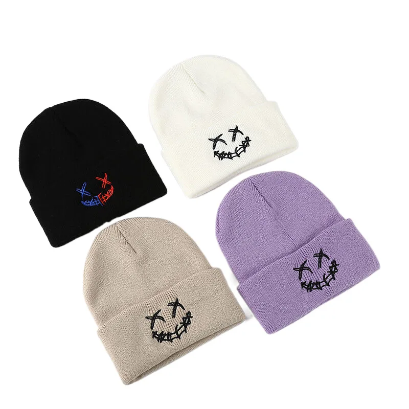Winter Beanie Hats Stretchy Warm Cap Mens Cuffed Cable Hat Acrylic Skullies Ski Caps Funny Embroidered devil Smiley Beanie Hat