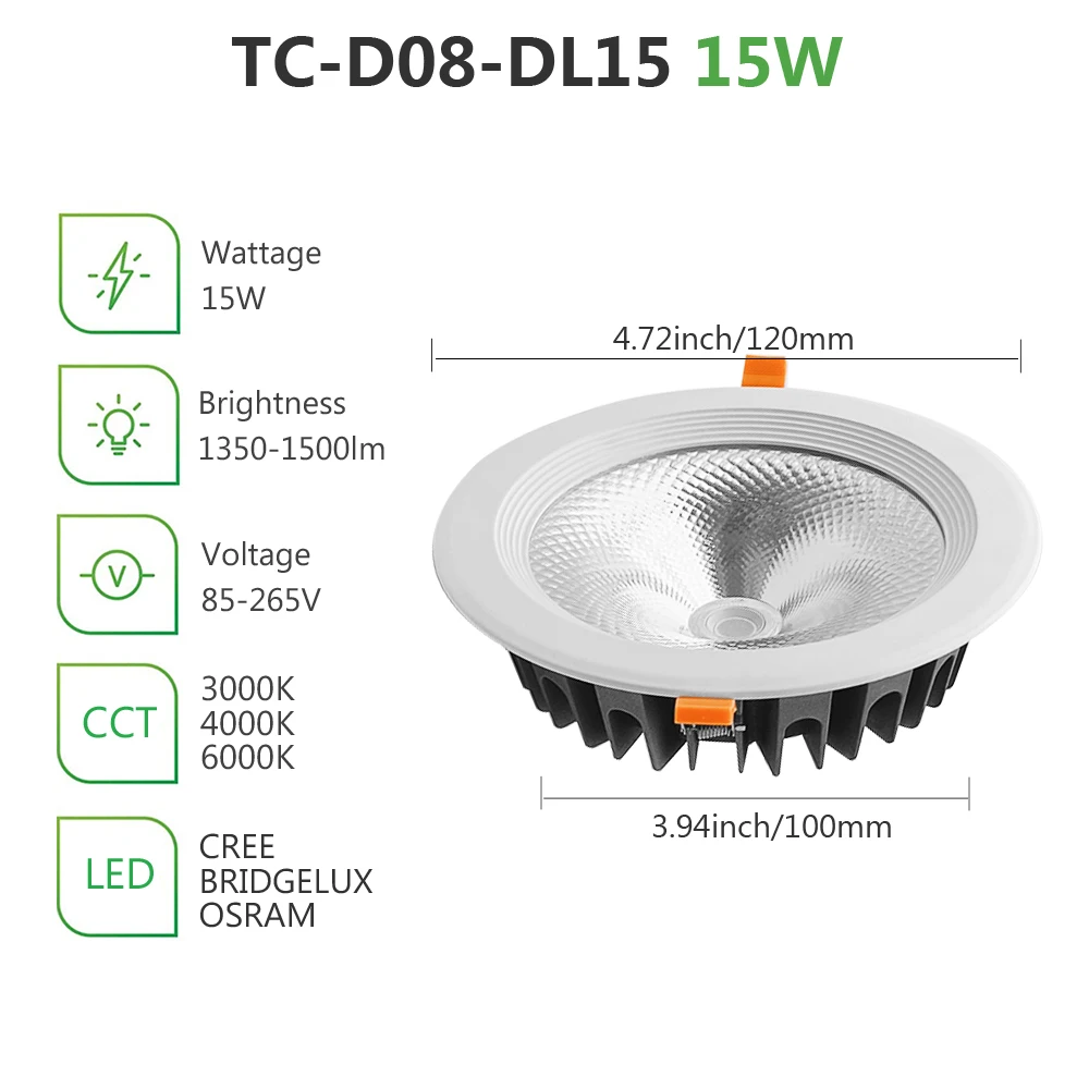 Teco Factory Hight Lumen 100lm/w Brightness Adjustable 4inch 15w Dimmable Led Recessed Down Lighting