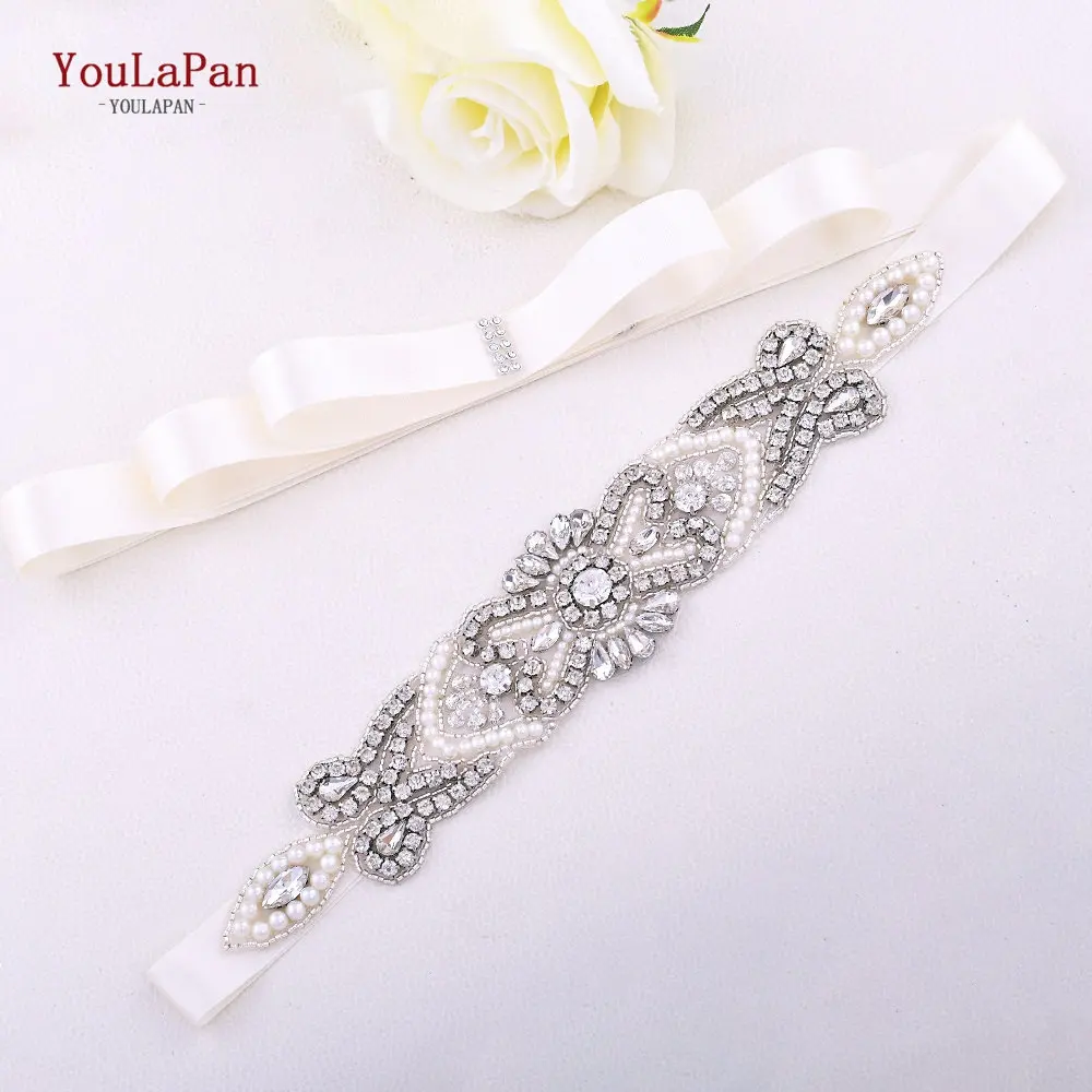 YouLaPan S208 Shiny Woman Silver Rhinestone Crystal Diamond Piece Belt Handcrafted Exquisite Dress Applique Wedding Bridal Belt