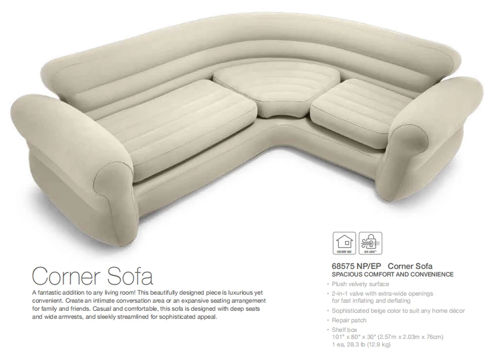 INTEX 68575 Plush Velvet Surface Outdoor Indoor Home Portable Inflatable Furniture Sofa Inflatable Corner Sofa