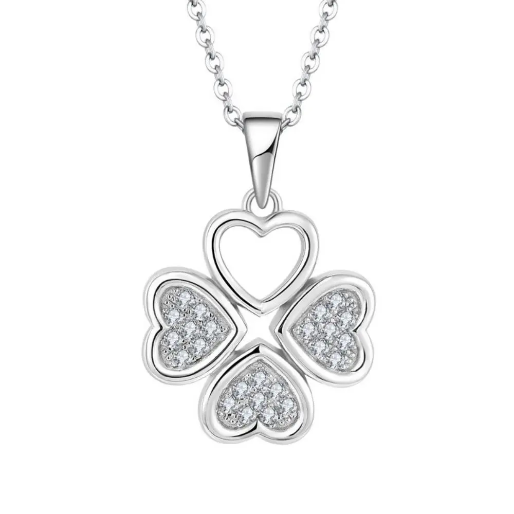 Beautiful 925 Sterling Silver Pendants 3A Cubic Zirconia Rhodium Plated Four Leaf Clover Love Heart Necklace Pendant