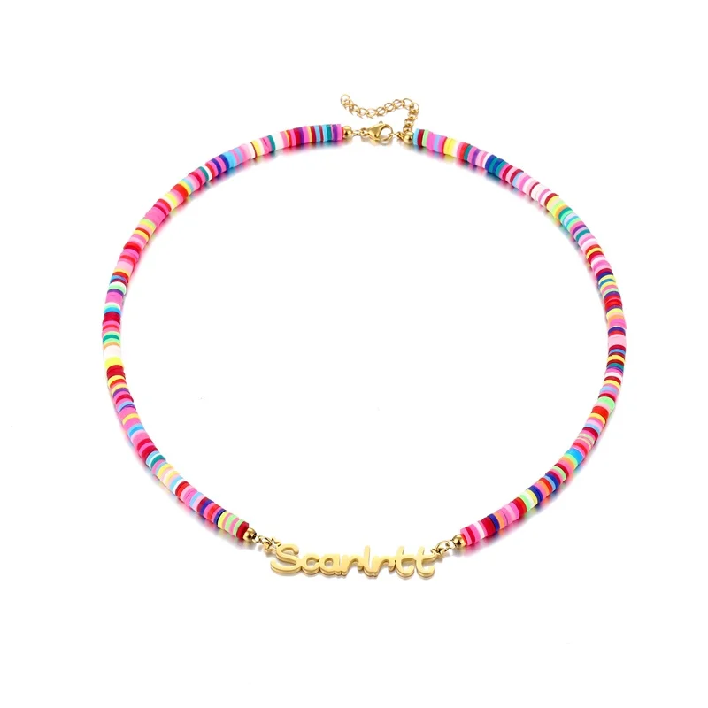 Boho Name Necklace Personalized Rainbow Polymer Clay Beads Necklace Custom Stainless Steel Letter name Necklaces for Kids Women