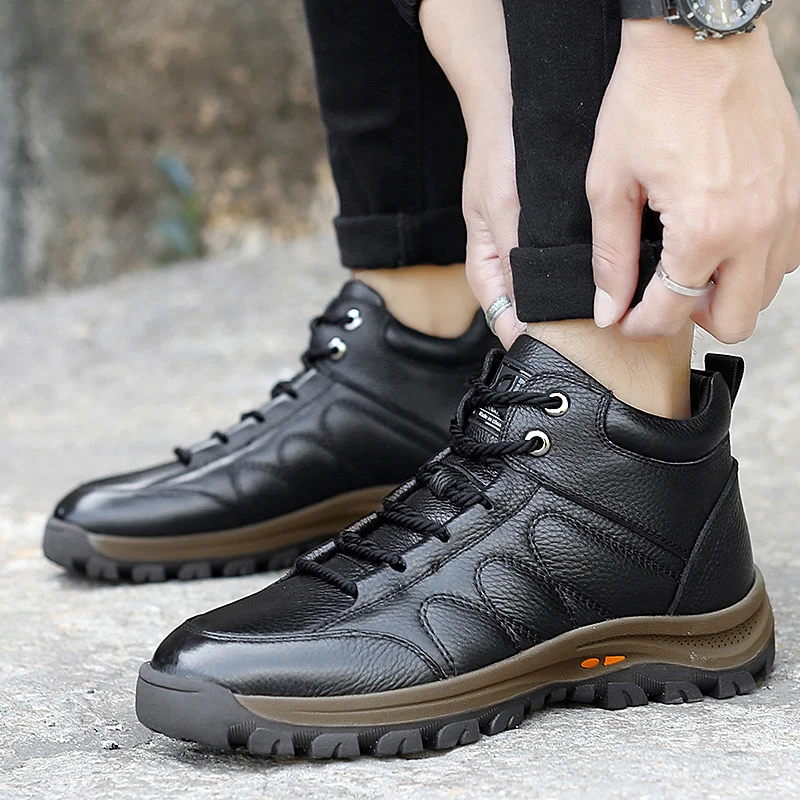 
2019 New Winter real leather neb ankle sneakers Faux Fur lining snow boots warm shoes outdoor Martin boots for men 