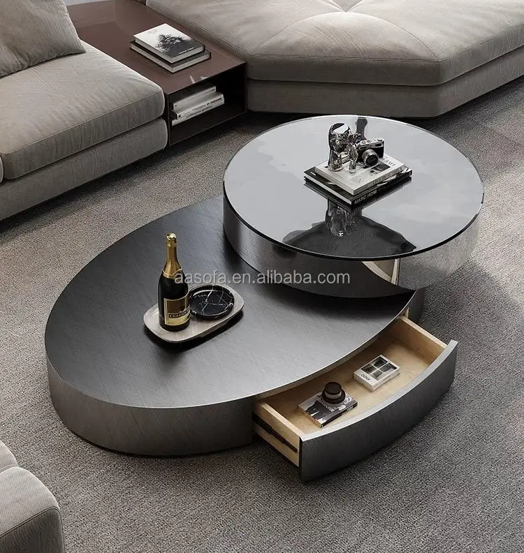 Latest cool round wheel rotating coffee table  in the living room portable swivel sliding clear glass center table with drawer