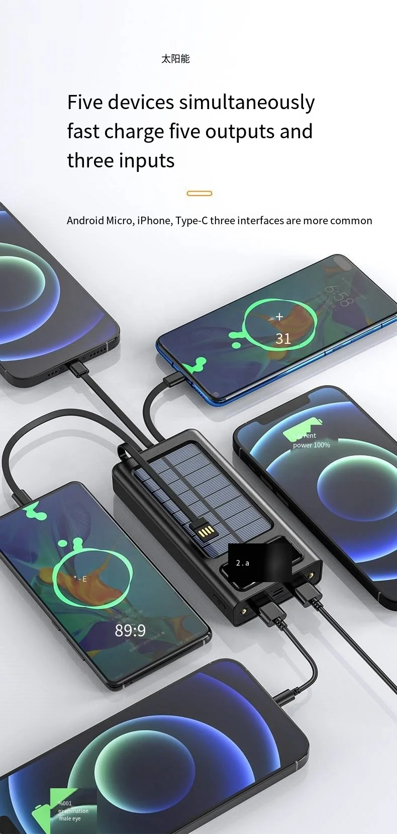 Portable solar power bank 30000mah  built in cable with Led light  for Cell Phone iPhone Camping Outdoor