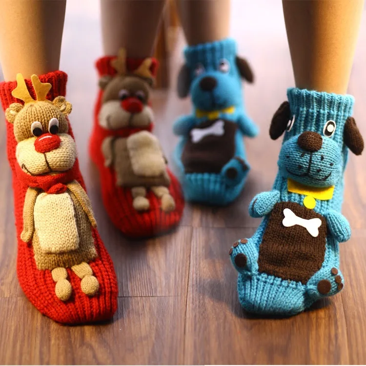 3d carton animal anti slip Knitted Novelty funny women thick warm slippers socks