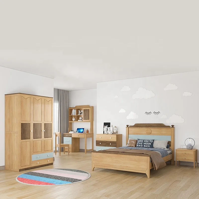 Wholesale Customized boy or girl kids children bedroom furniture beds wood kids bed Set with 3-door wardrobe desk and bed