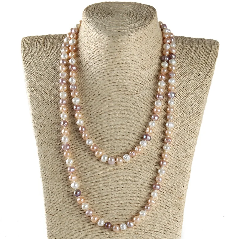 Fashion Long Knotted Pearl Jewelry Handmade Necklace  Color Irregular 7-8mm 120cm double wrap Freshwater Pearl Necklace