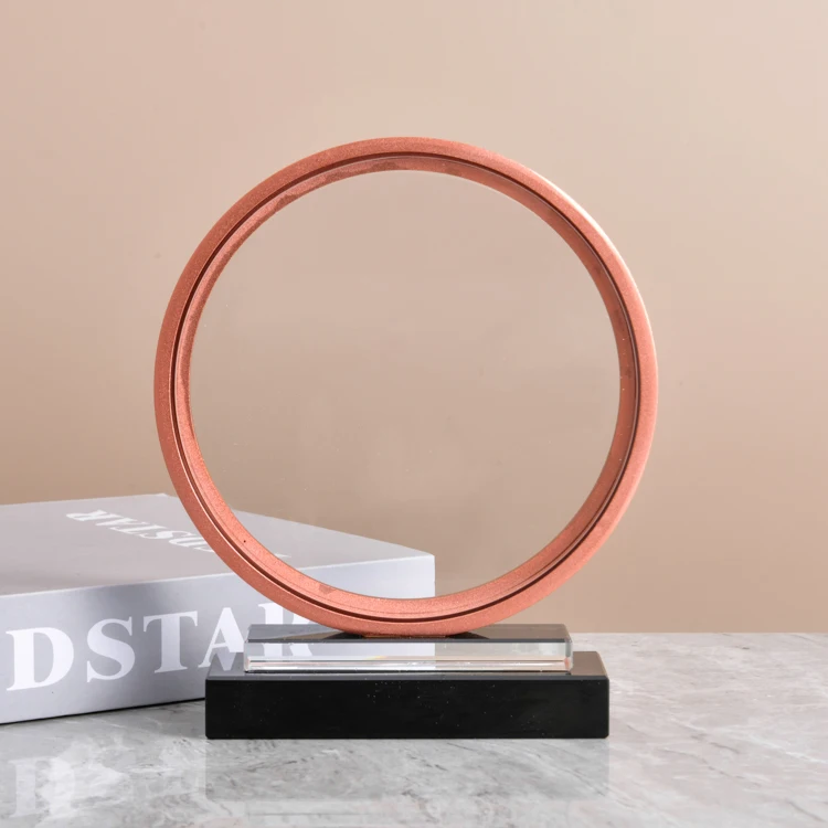 good sale unique design factory price transparent glass trophy round crystal trophy orange metal frame transparent trophy