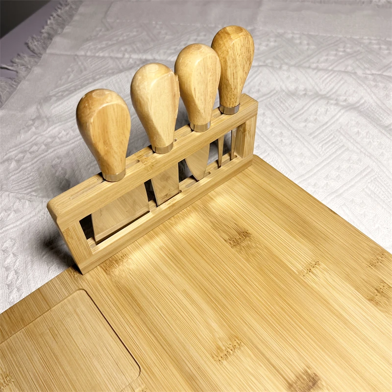 Hot selling wholesale cutting board with slide-out drawer for cutlery bamboo cheese board and knife set