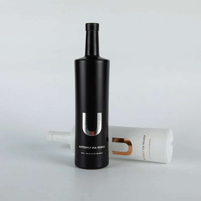 Unique flat shoulder glass spirits bottle custom white black liquor spirits glass bottle for vodka gin whiskey