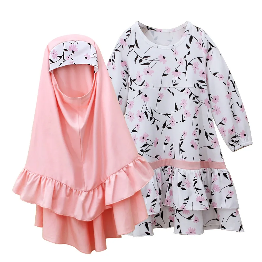 Muslim Children Kids Girls Hijab Dress Set Prayer Dresses Suit Islamic Arab Baby Robe Sets C0097