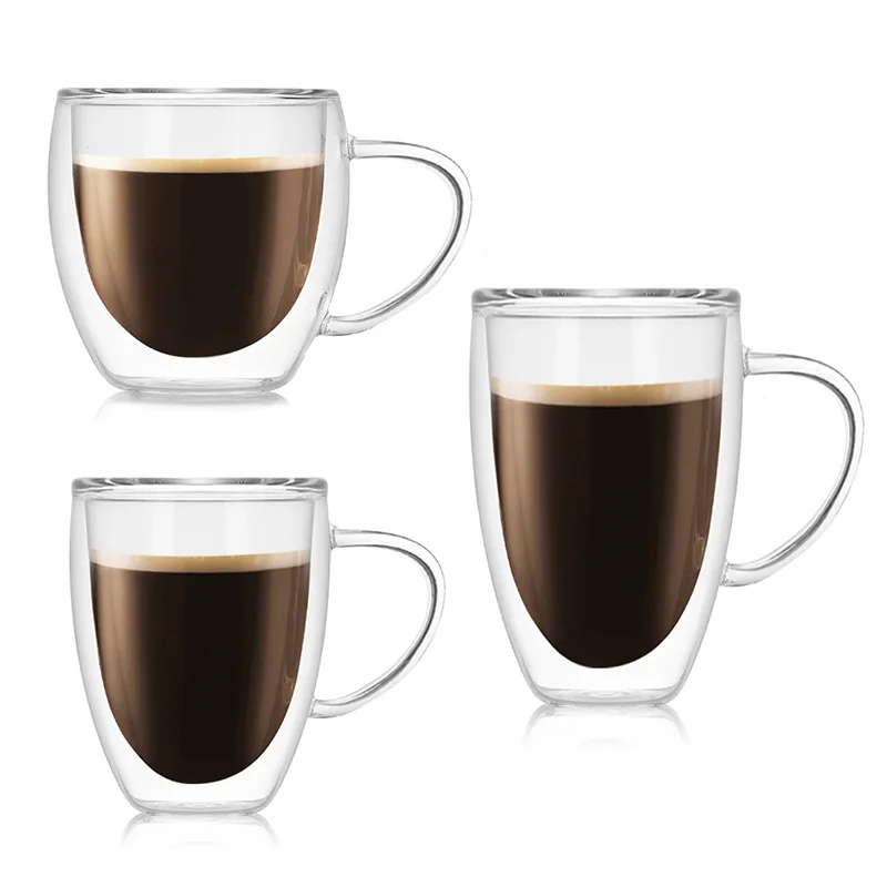 Vmara Wholesale Hot Sale Doule wall Espresso Coffee Glass Mug with Handle for Hot and Cold Beverages Latte Cappuccino