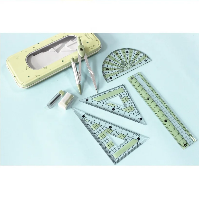 
Green Student tin math set with clean Plastic window Geometry Box Math Sets Compass Divider Instrument Stationery 