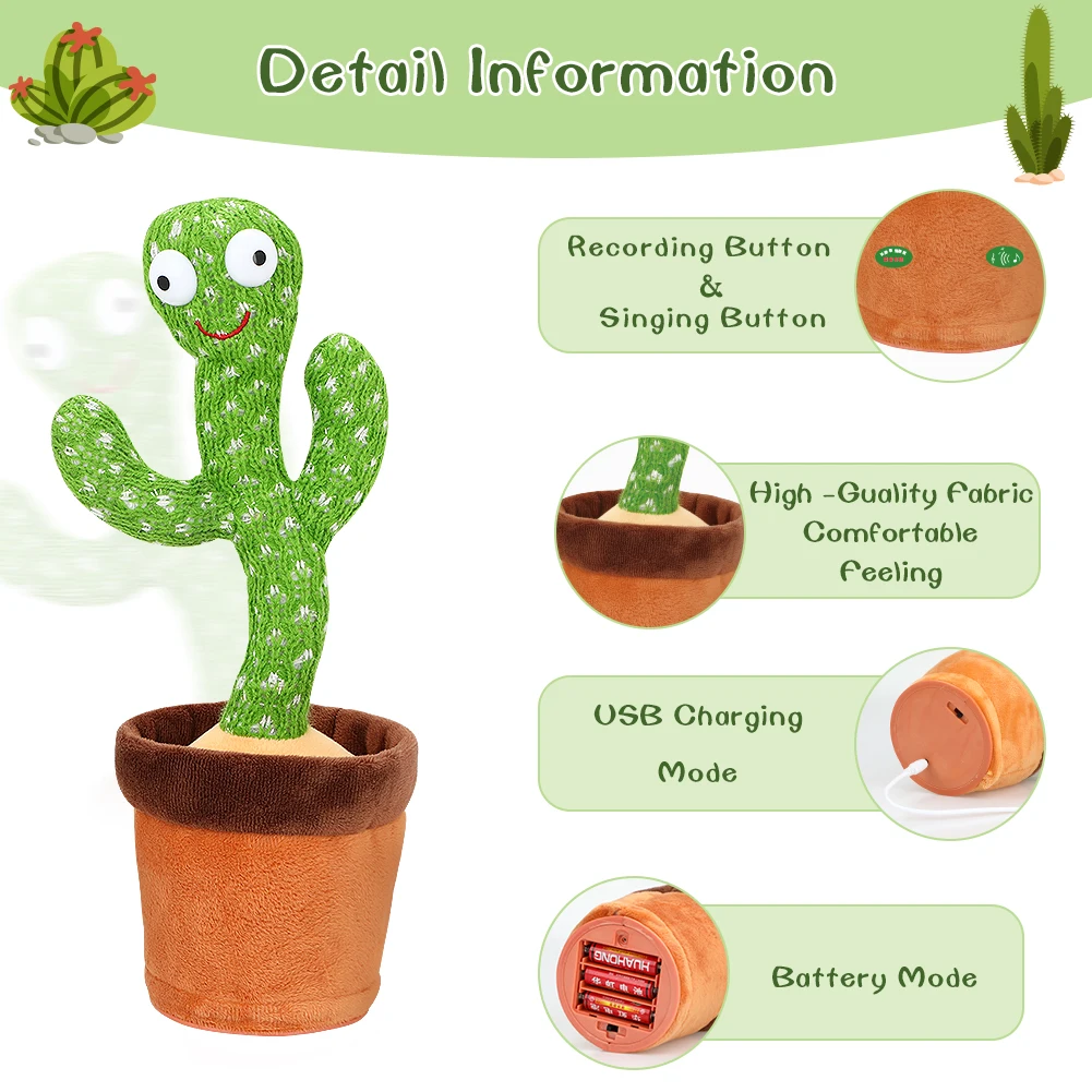 Factory Hot Selling Electric Singing Dancing talking Cactus Toys Recording Plush Toy Singing Dancing Cactus