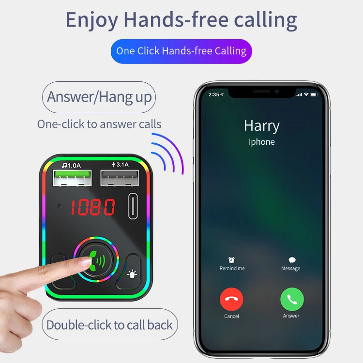 New Bluetooths 5.0 Car charger with colorful led light 3.1A Quick Adapter Dual USB Port Type C PD Car charging station charger