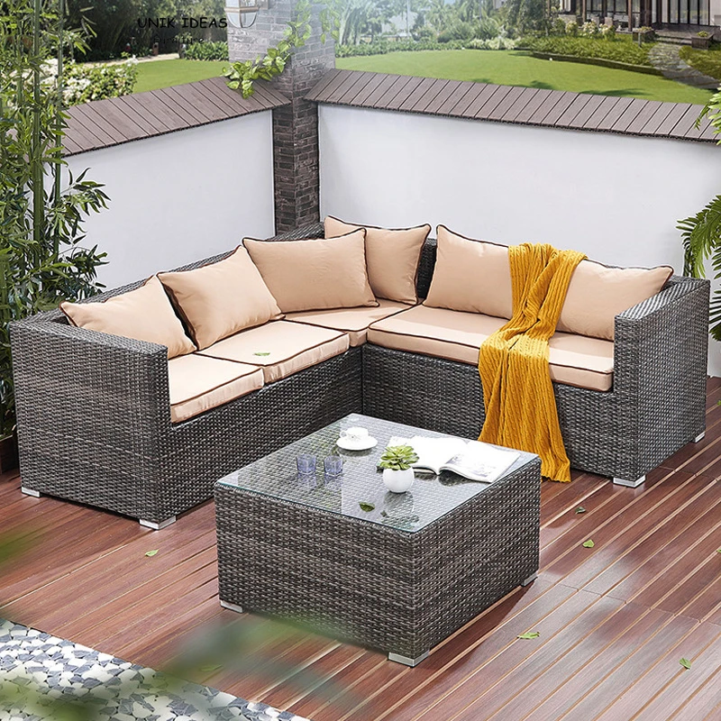 Customized outdoor furniture corner sofa set villa patio furniture waterproof PE rattan sofa seating outdoor rattan sofa set