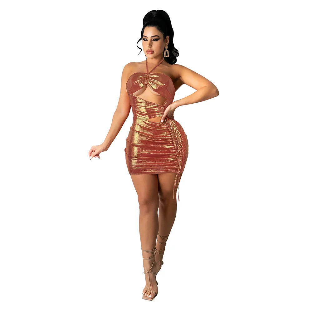 2022 new arrivals women clothing pink liquid shiny metallic fashion ladies party bodycon sexy mini night club bandage dress