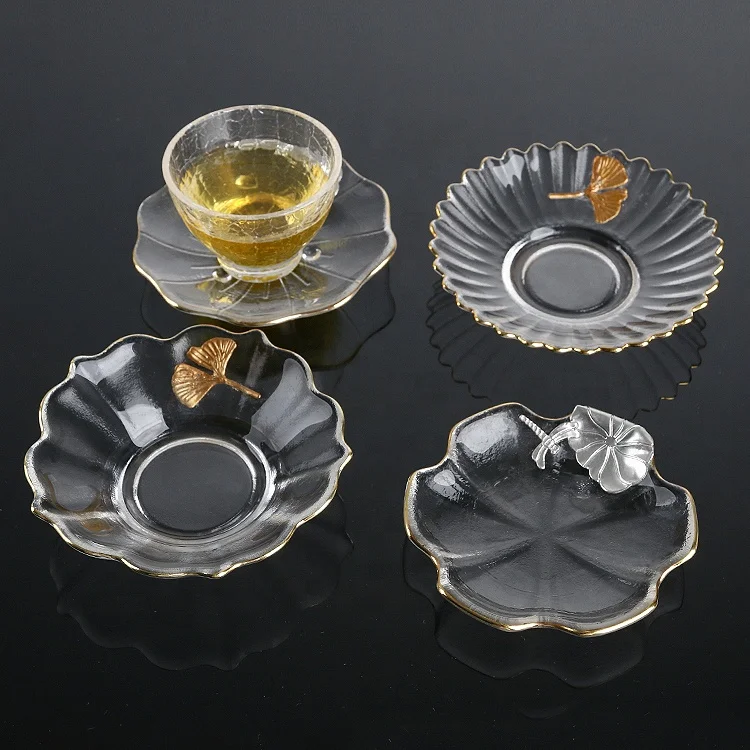 Tin flower design glass tea cups and saucer set drinking glassware with gold rim wholesale