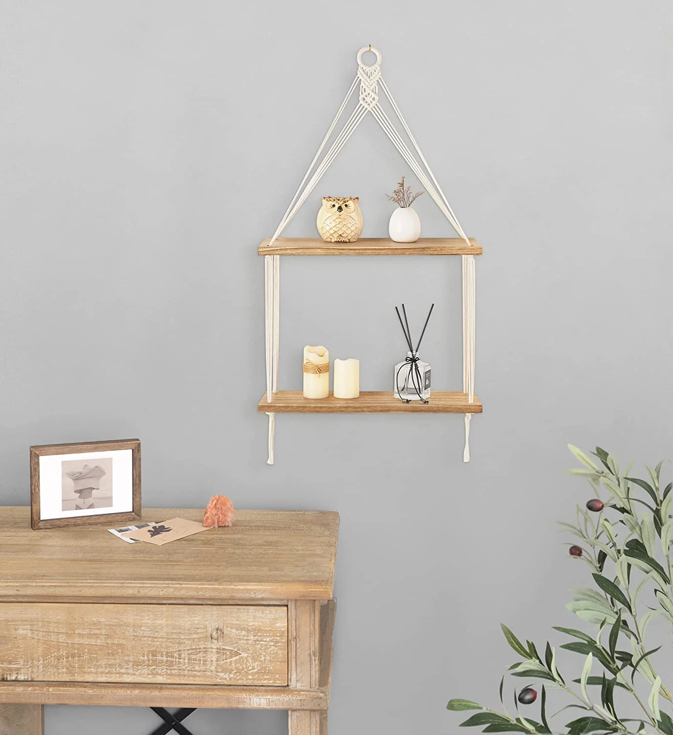 Antique Wood Floating Wall Rack Boho Style 2-Layered Braided Rope Modern Home Decor Model Shelf Pattern Love Theme Box Included
