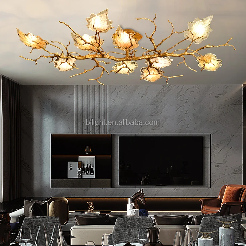 Light luxury chandelier living room lamp creative simple Brass glass maple leaf decoration bedroom dining room crystal lighting