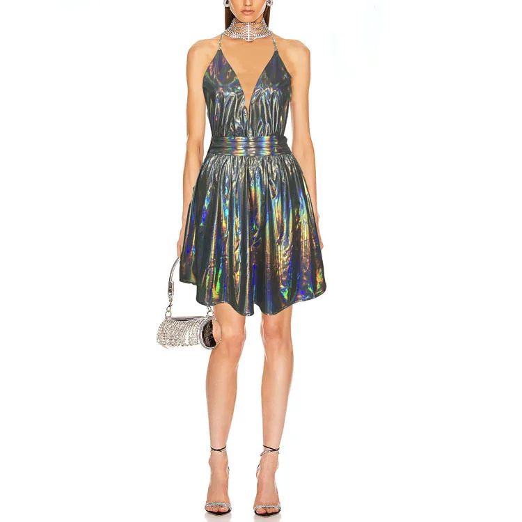 Сексуальное платье для ночного клуба с глубоким V-образным вырезом и лямкой на шее, сексуальное платье без рукавов со стразами и открытой спиной