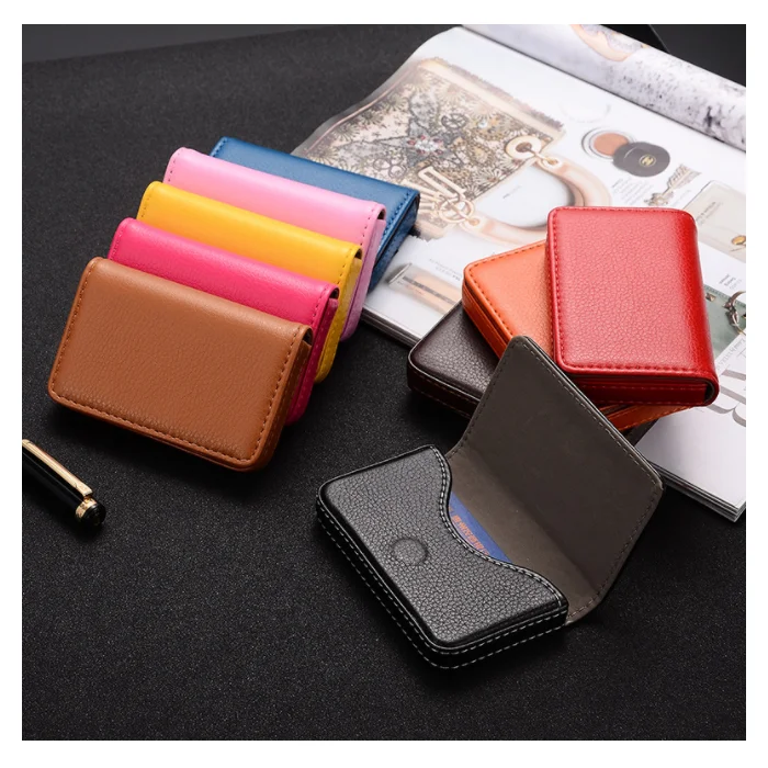 YY Portable Magnetic type Name Card Case Pocket Card Wallet Lychee Pattern  Holds 25 Leather Business Card Holder