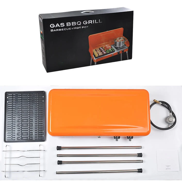 Gas 2 Burner Gas Barbecue Grill Cooking Equipment for Sale Stainless Steel Portable Foldable Natural Camping Bbq Outdoor Orange