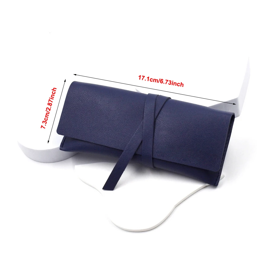 blue PU leather glasses case with strap closure