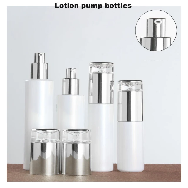 Hengjian 20ml 30ml 60ml 100ml 120ml White Cosmetic Glass Toner And Perfume Bottle With Spray Pump And Luxury Silver Cap
