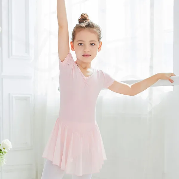 B8085 Girls Ballet Dress High Quality Stage Back Bow Short Sleeve Cotton Ballet Dance Skirt Training Dancewear