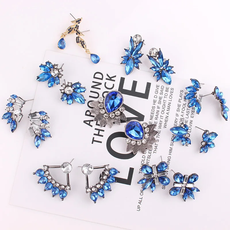 LUOXIN Wholesale Women Fashion Jewelry Rhinestone Earrings Crystal Blue Opal Earrings