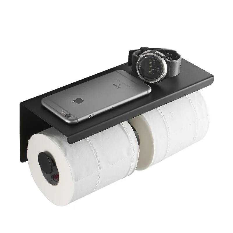 Bathroom stainless steel double black tissue roll toilet paper holder with shelf
