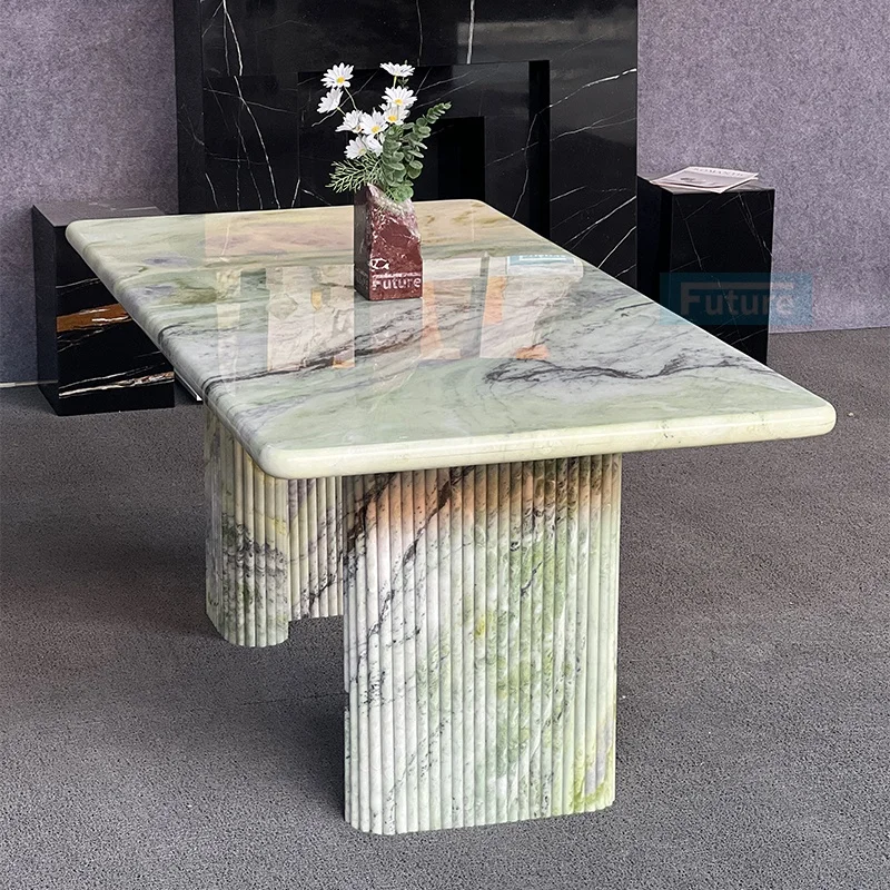 Elegant 6 Seater Recharge Top Natural Green Marble Dining Table Coffee Table With Marble Leg For Livingroom