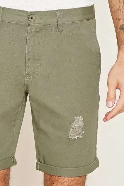 Doger Custom Print Logo Brand High Quality Khaki Distressed Hole Cuffed Denim Shorts Mens Casual Workwear Jean Chino Shorts