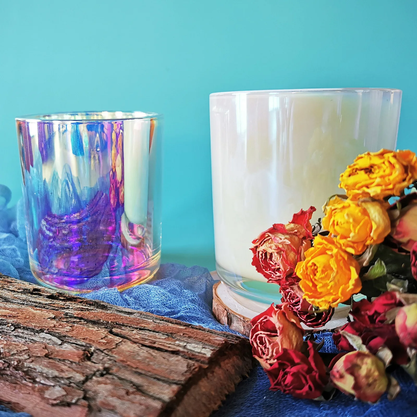 Оптовая продажа, 12 унций, деревянный фитиль, радужная стеклянная креативная банка для свечей с покрытием, круглая Радужная свеча Aura Clear