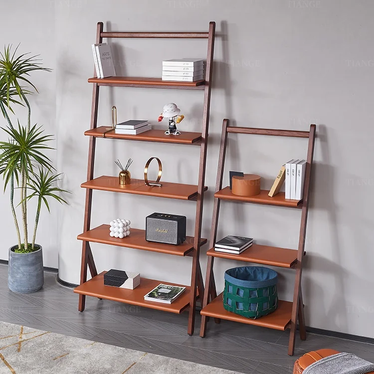 Luxury Italian Modern 5 Tier wood Ladder Shelf Display saddle leather display Racks Books And Flower Shelf wooden book shelf