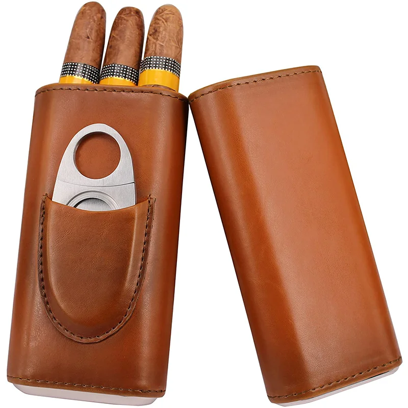 
Cedar Wood Lined Cigar Humidor Top Quality 3 Finger Brown Leather Cigar Case with Silver Stainless Steel Cutter 