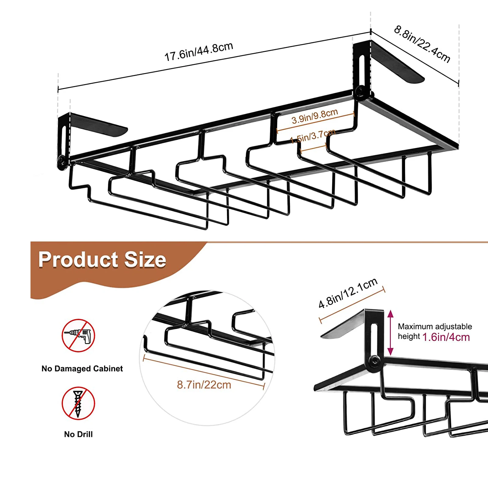 Punch-Free 4 Rows Stemware Wine Glass Metal Holder Adjustable Wine Glass Rack Under Cabinet