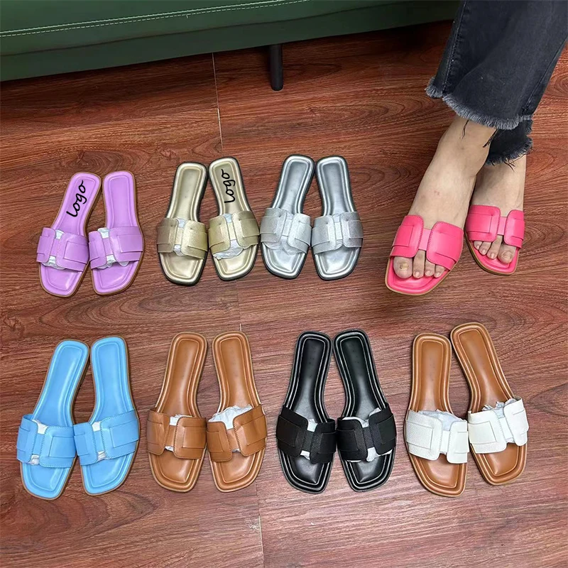 LX-223 2023 Custom logo Luxury Real leather gold 3D flower open toe slipper for ladies summer casual beach flat sandals