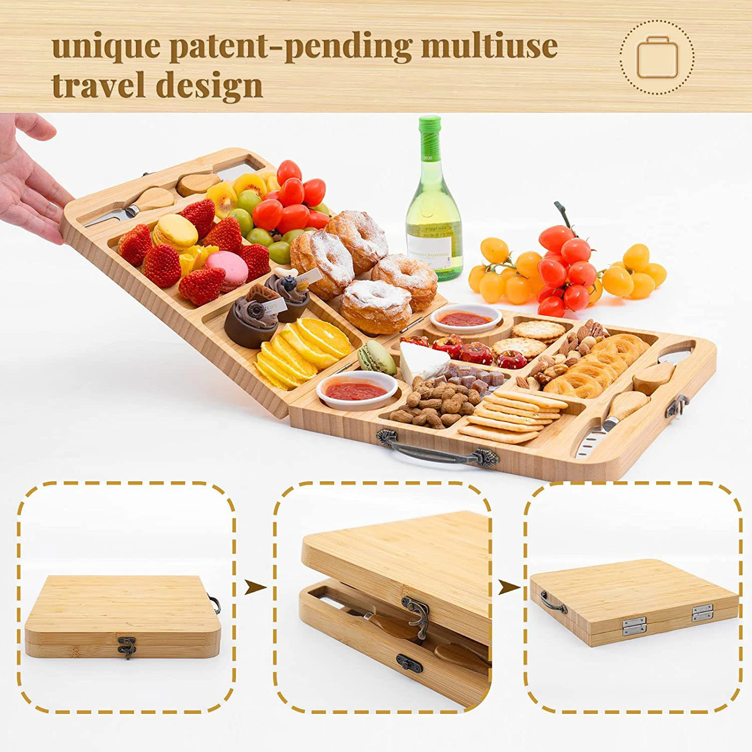 Hot Selling Wooden Foldable Chacuterie Chopping Board Portable Magnetic Design Bamboo Cheese Board Knife Set