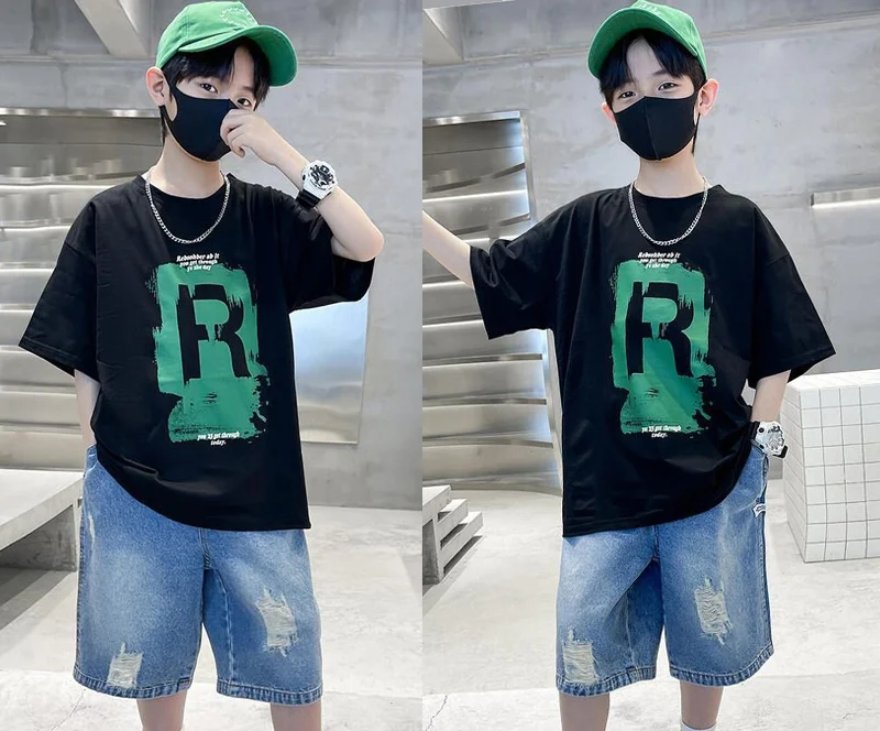 Factory Wholesale High-Quality Summer Boys Fashion 2pc Sets Short Sleeved T-Shirt Summer Suit Handsome Teenage Boy Suit