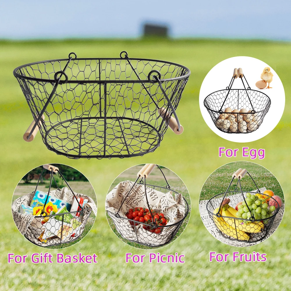 Factory Made Rustic French Germany Easter Christmas Fruit&Egg Shopping Holder Metal picnic Mesh Wire Basket with wood Handle