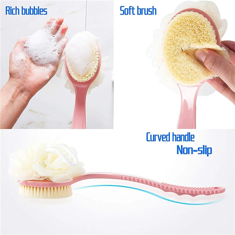 Bath Brush with Bristles and Loofah Back Scrubber Mesh Sponge with Curved Long Handle for Skin Exfoliating