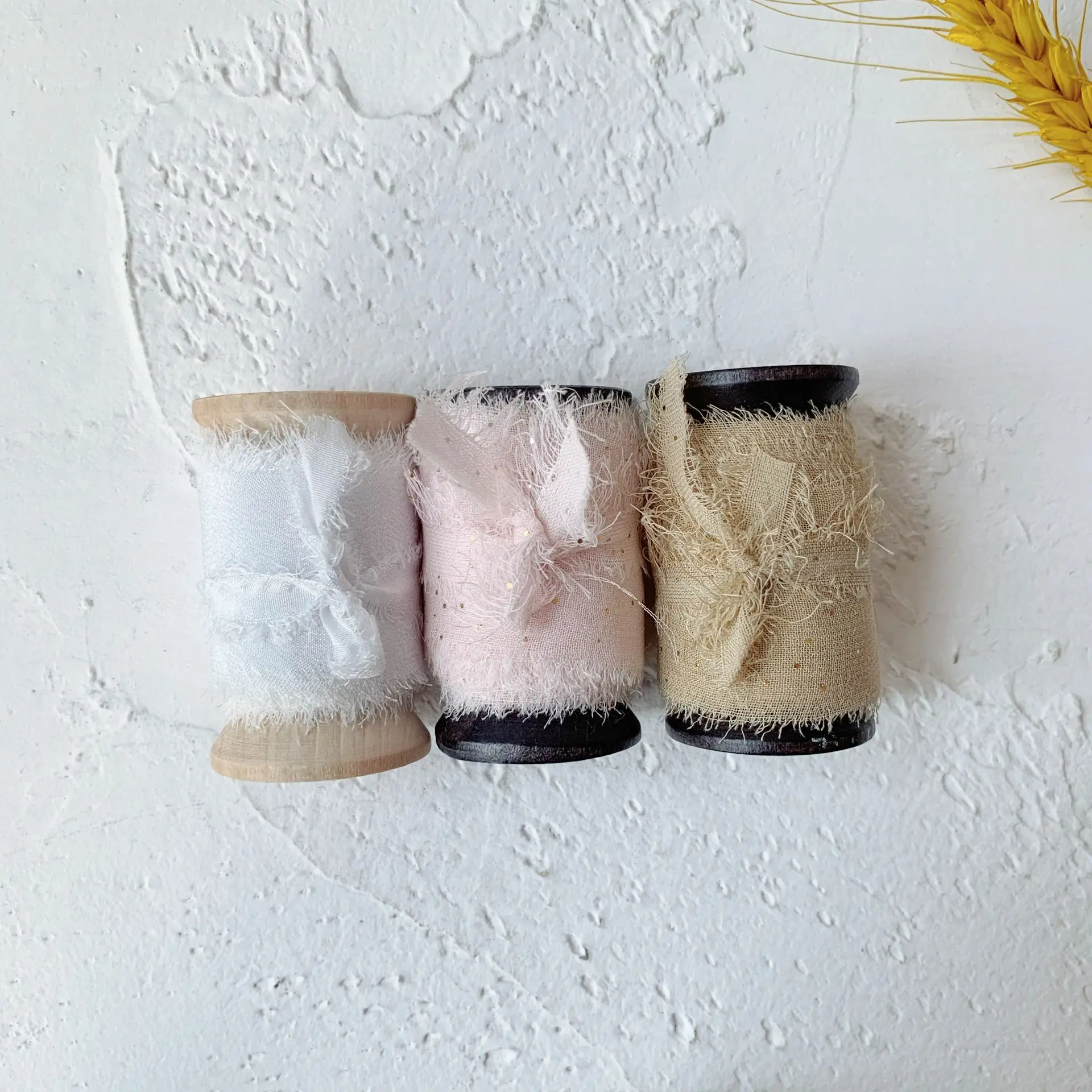 
3Rolls one Set 100% silk frayed edges ribbon ins style wedding silk ribbon woodenspools pure silk satin package ribbon wedding 