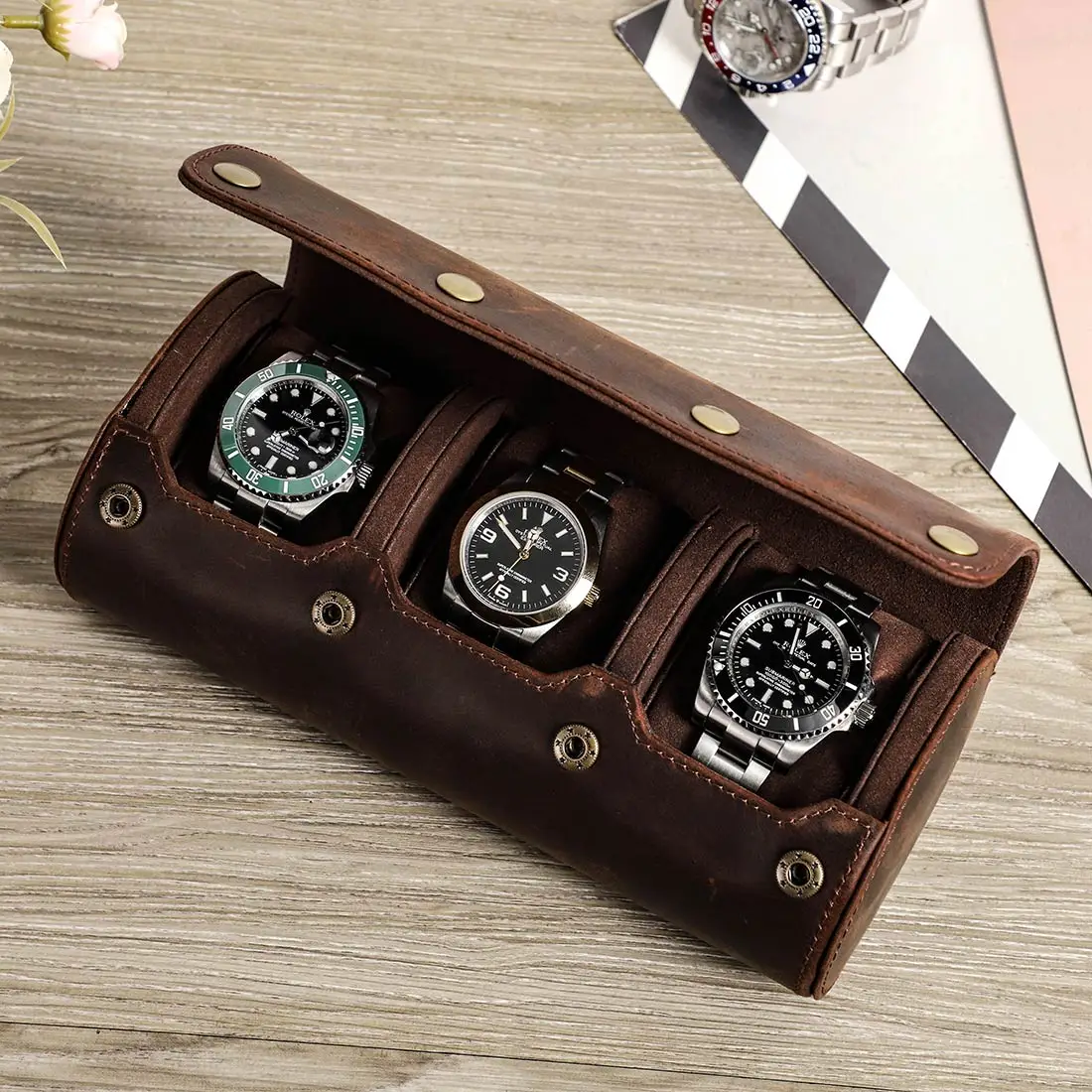Handmade Luxury Hard 3-Slot Watch Box Leather Watch Roll Travel Case Collection Organizer for Watch Storage with Sliding Pillow