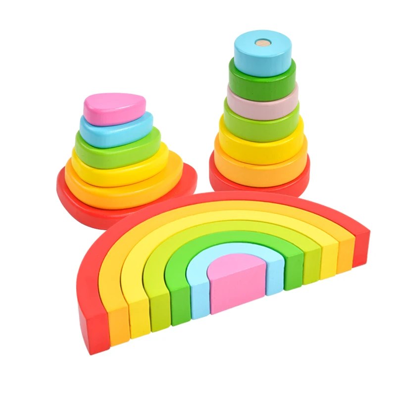 3 in 1 Wooden Rainbow Stacker Toy Tower of Hanoi 7 Colors Rainbow Stacking Stones Building Blocks Set Nesting Toy