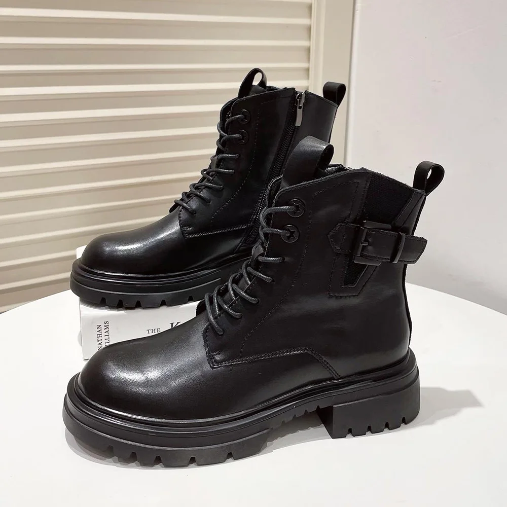 Женские ботинки челси на молнии, черные кожаные ботильоны на платформе, со шнуровкой и высоким берцем, осень 2021