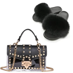 Шлепанцы женские с мехом лисы, милые пушистые меховые тапочки, Желейная сумка на плечо, комплект обуви, пляжные меховые сандалии через плечо